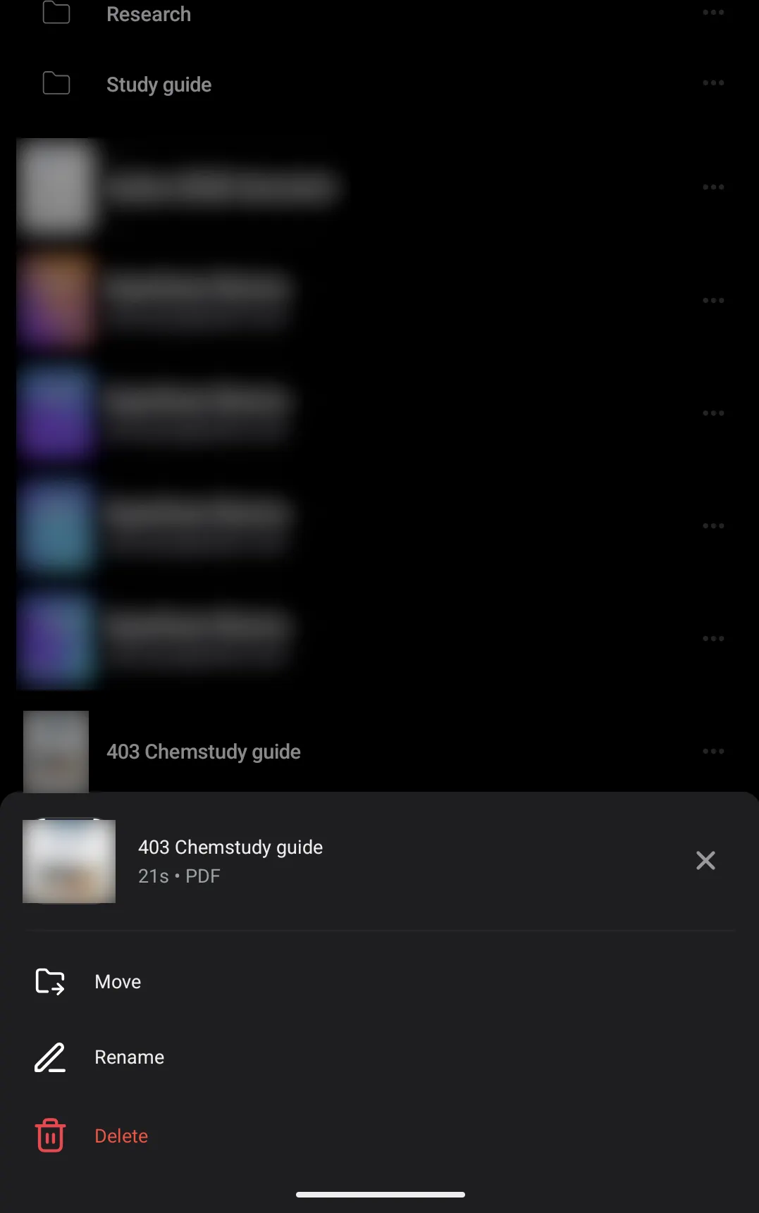 Screenshot of the mobile app library showing the options menu and delete button