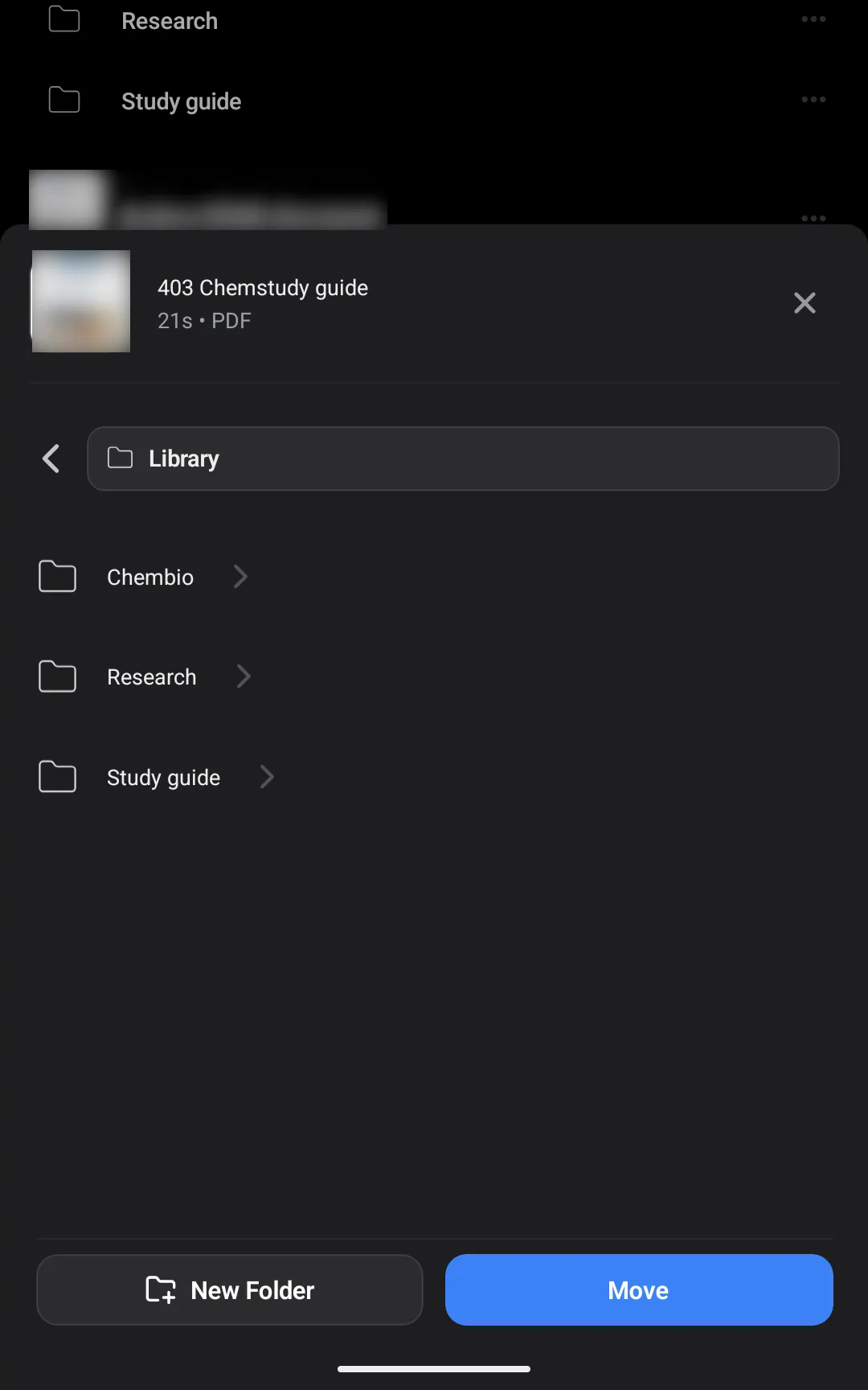 Screenshot of the mobile app showing folder browser, new folder option, and move button