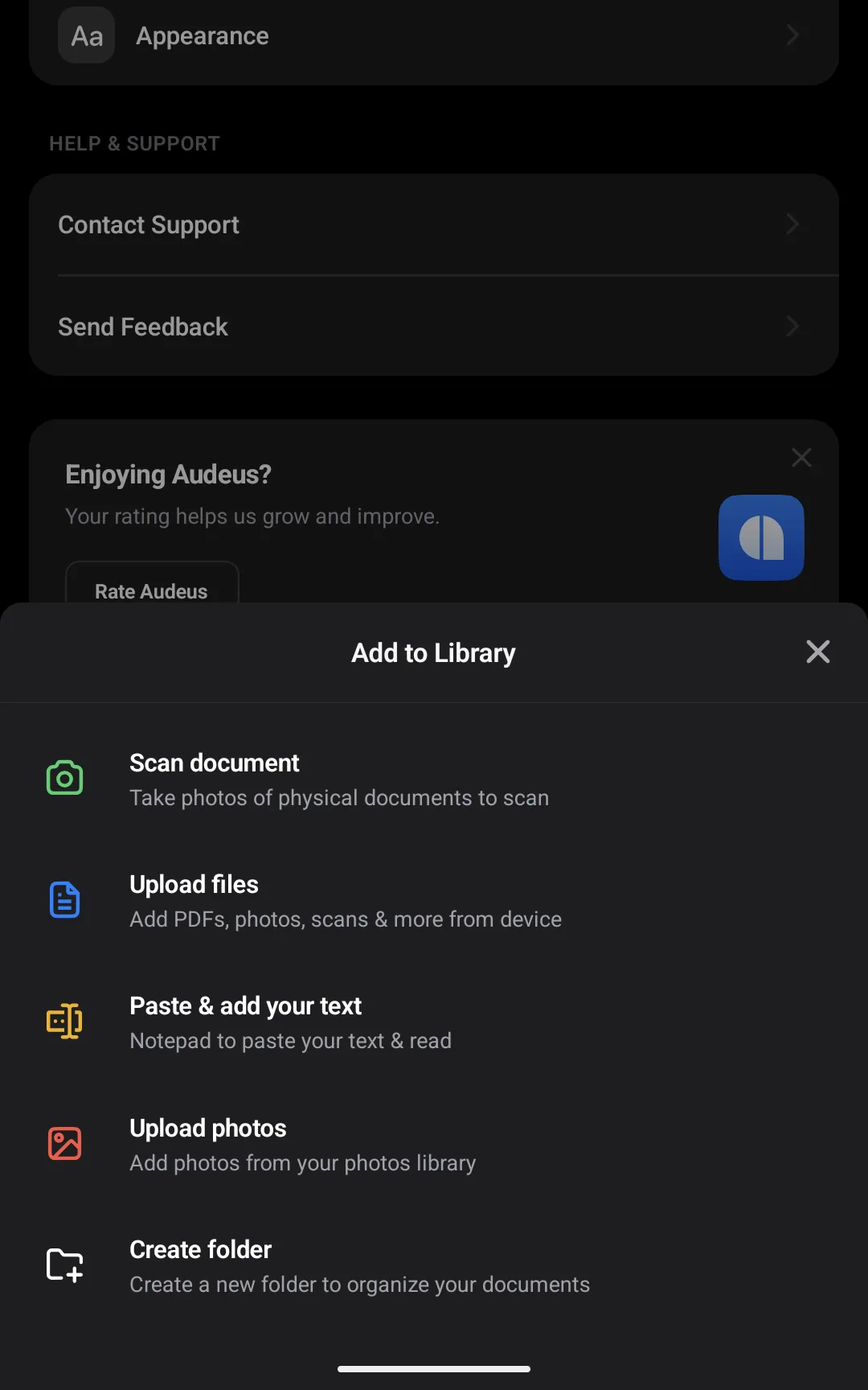 Importing documents using the Android file browser and library interface