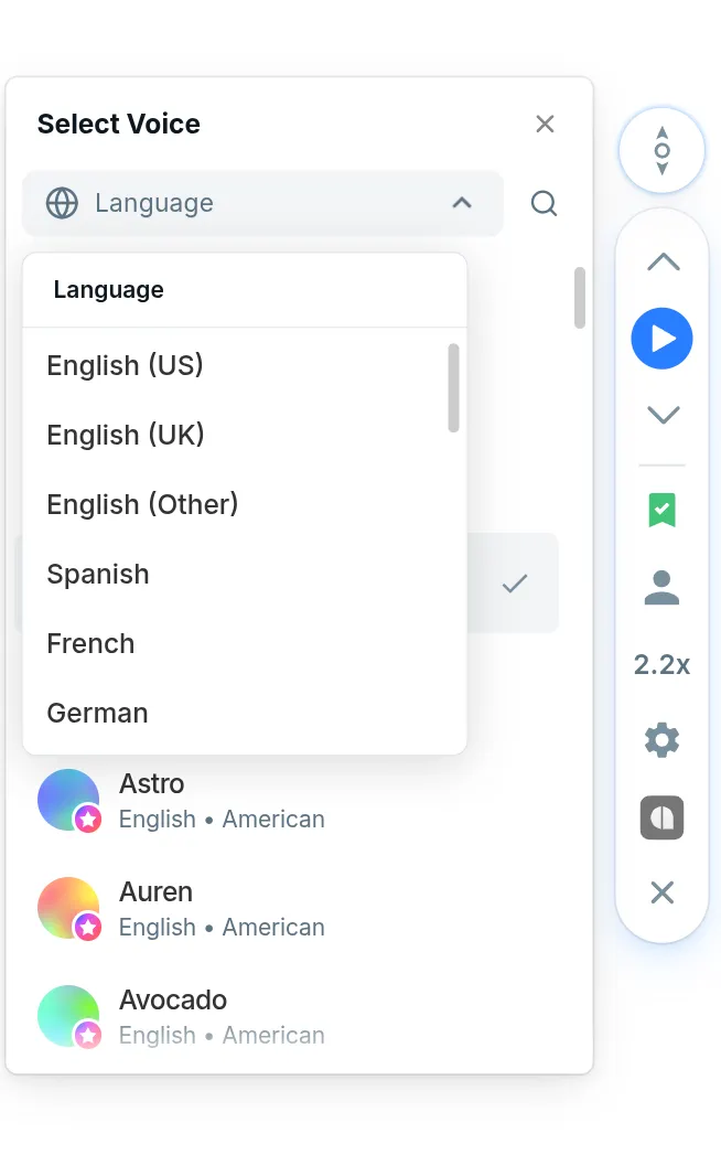 The Audeus Edge Extension sidebar player active on a webpage with word-by-word text highlighting