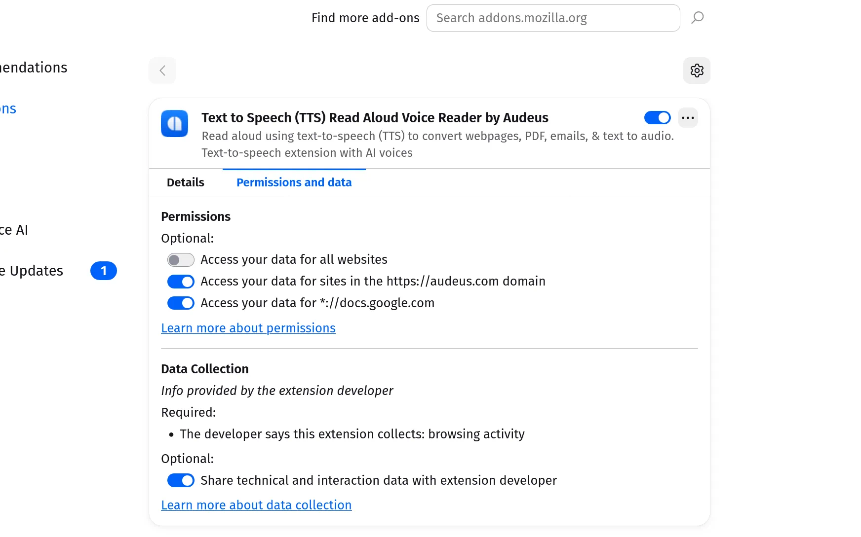 Configuring Audeus permissions inside Firefox Add-on details settings