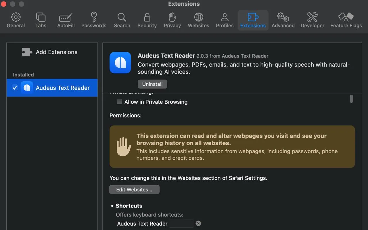 Configuring Audeus extension permissions in Safari Settings window on macOS