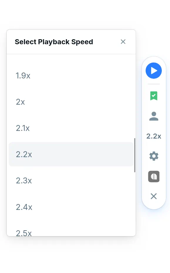 Selecting a predefined speed multiplier rate from the playback list menu on the Audeus browser extension widget