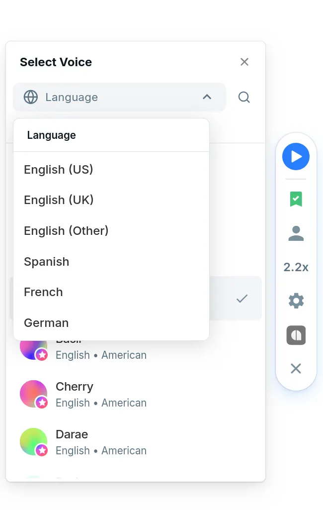Selecting an AI voice from the search and language filters dropdown in the browser extension floating menu