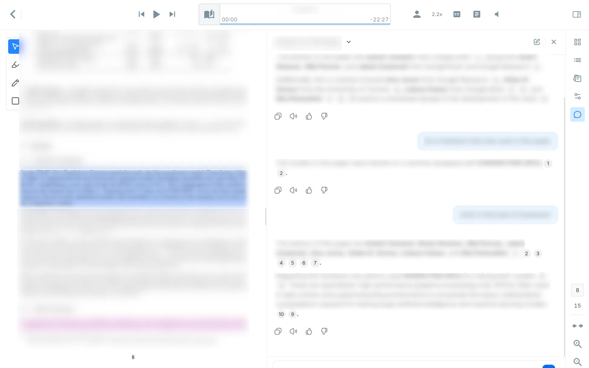 The Web Reader interface highlighting the vertical AI Chat sidebar panel displaying an AI response with inline citations