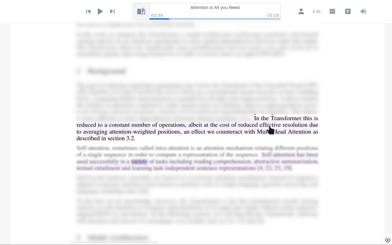 Illustration of the Click-to-Jump cursor hovering over a document sentence on the Web Reader, showing the highlighted text indicator snapping to the mouse position