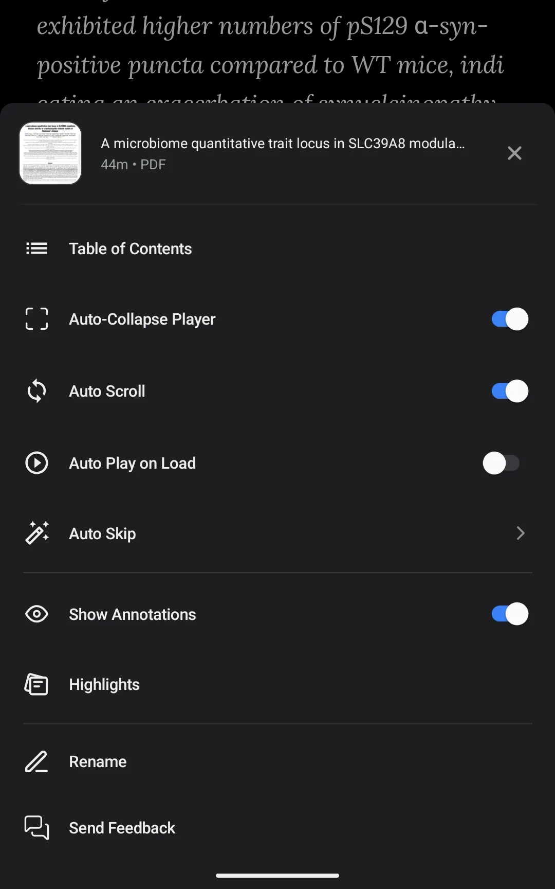 Configuring advanced reading toggles and focus controls in the mobile player more settings menu