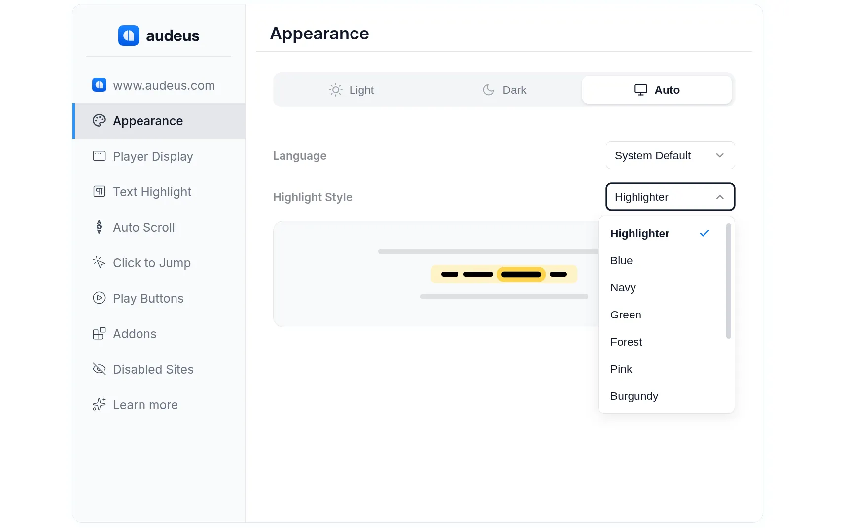 Selecting highlighter style presets inside the browser extension settings window