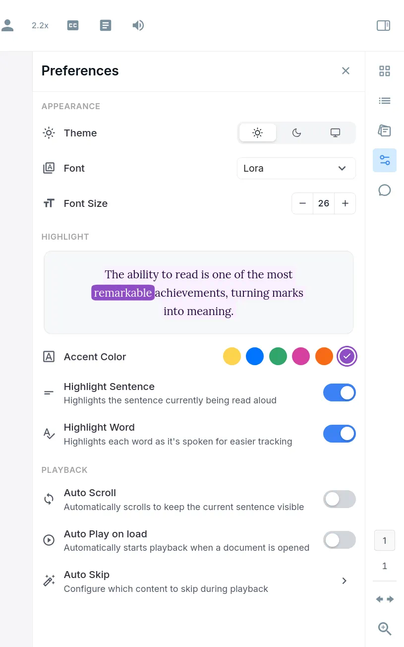 Customizing highlight color presets and switches in the web reader preferences panel