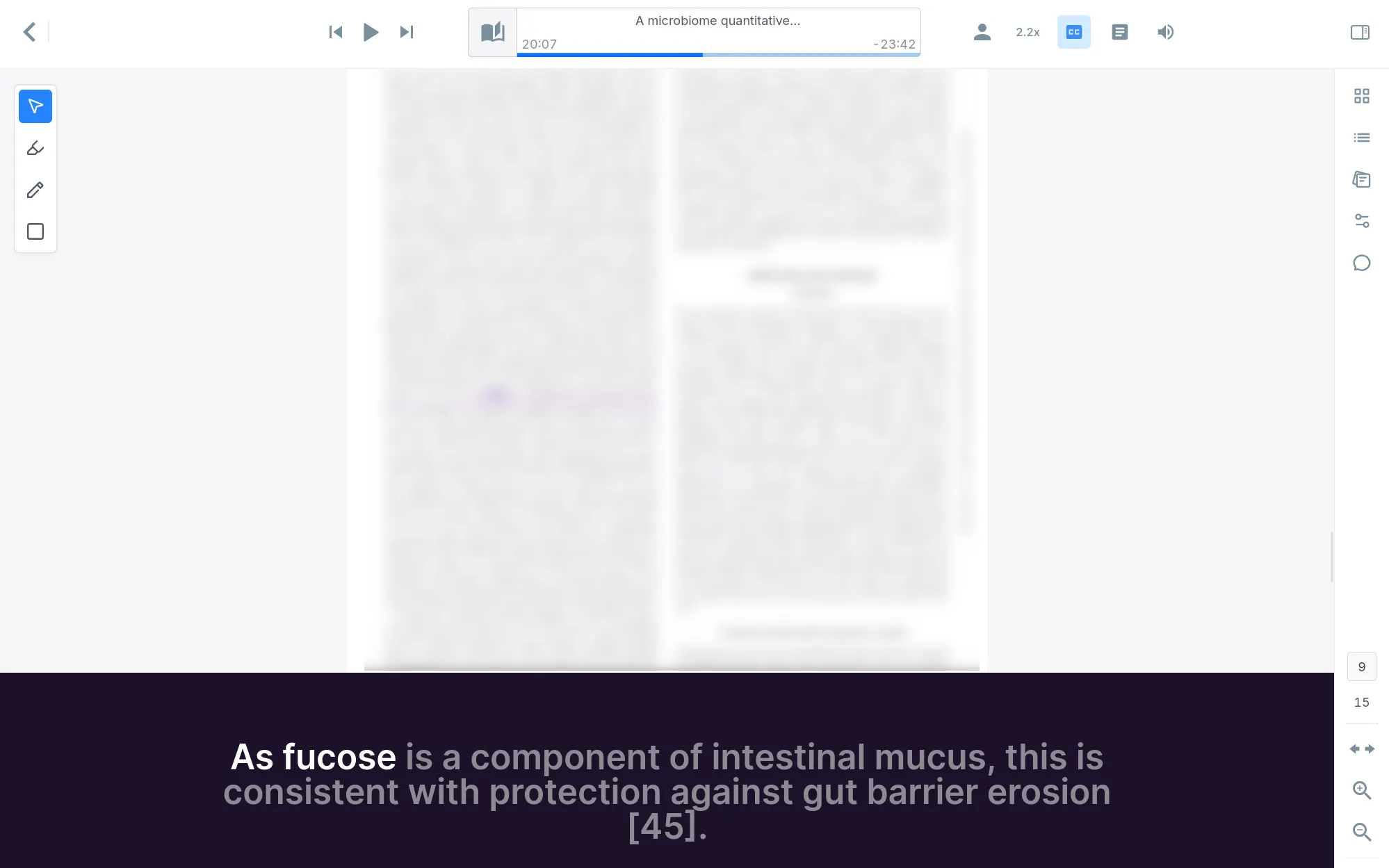 The Audeus Web Reader showing the active document in the top half and the dark purple closed captions drawer open at the bottom displaying large subtitles with real-time word highlights