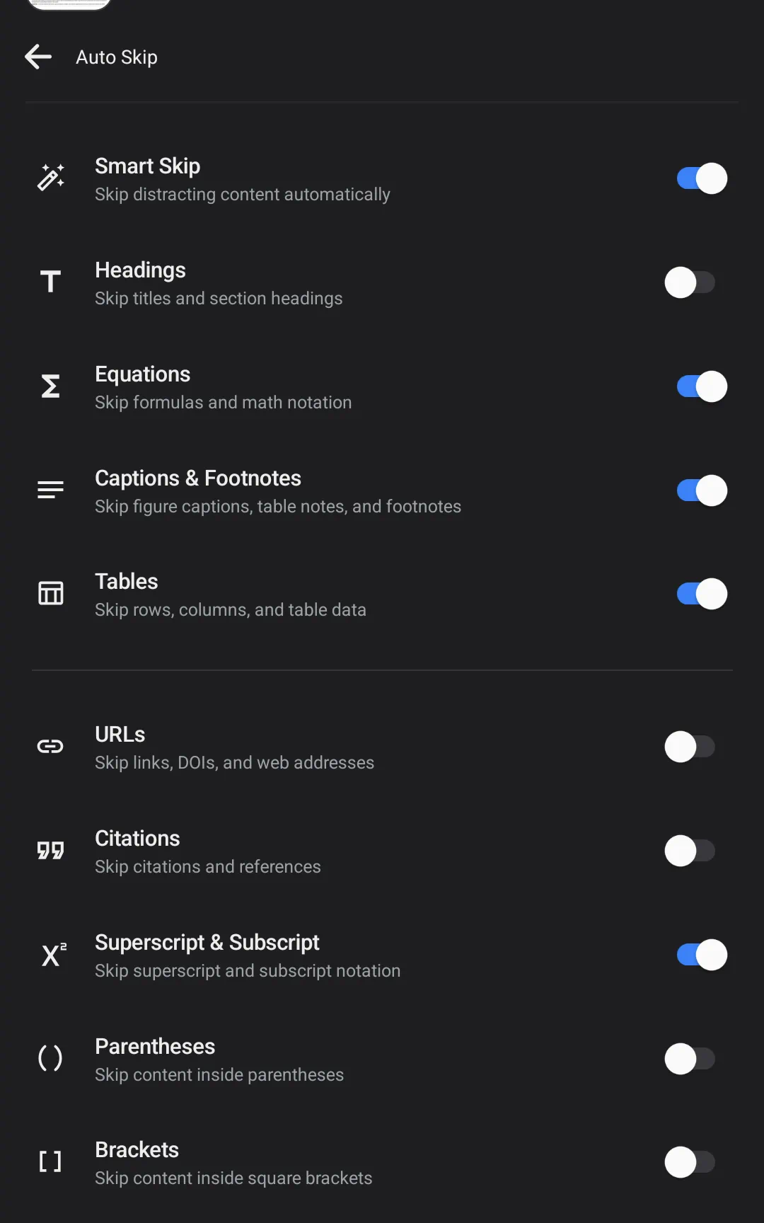 Audeus Mobile App document reader view with the Auto Skip settings bottom sheet open showing detailed toggles for URLs, Citations, Parentheses, and Brackets