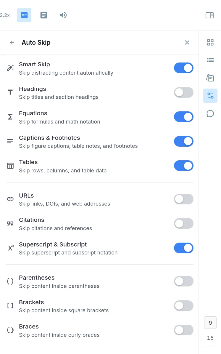 Audeus Web Reader preferences side panel with the Auto Skip sub-panel active showing toggles for Smart Skip, Headings, Equations, and Tables