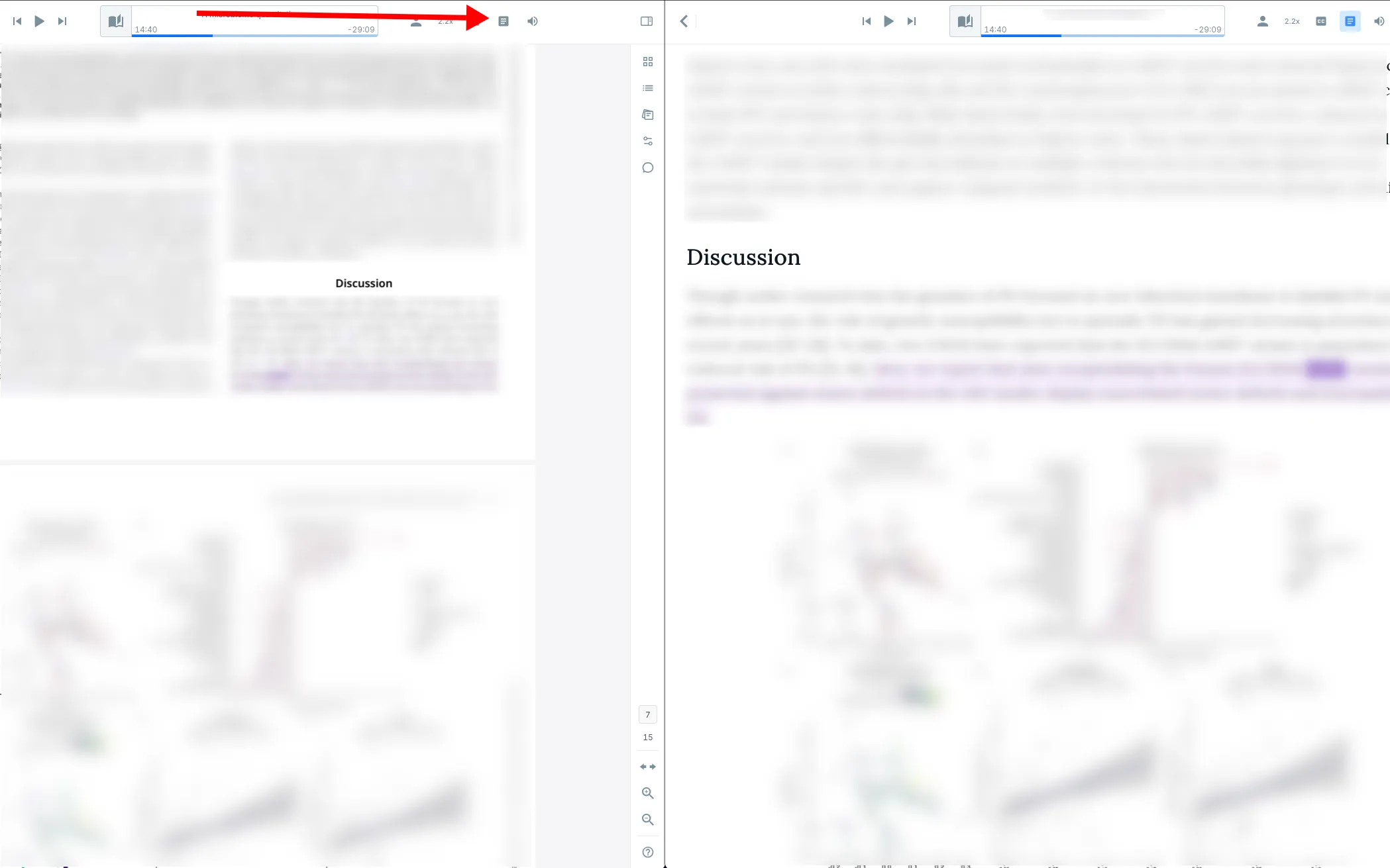 A split-screen comparison showing a cluttered PDF layout transitioning to a clean reader mode